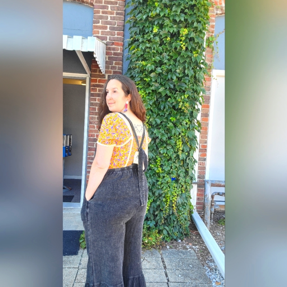 Black Jumpsuit Cotton Tie Back Bow Wide Leg Bell Bottoms